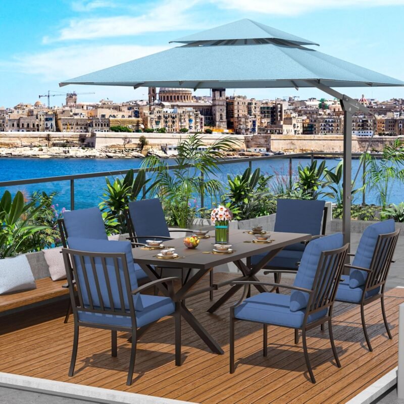 7-Piece Patio Dining Set Outdoor Conversation Set,Metal Outdoor Furniture Set with Umbrella Hole Cut-Out 78.7" x 35.4" Table and 6 Metal Backrest Chairs for Backyard,Garden,NavyBlue