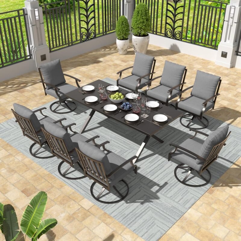 Gotland 9 Piece Outdoor Dining Table and Chairs for 8, Patio Swivel Dining Chairs for 8, Rectangular Patio Dining Table with Umbrella Hole, Lawn Garden Outdoor Table and Chairs