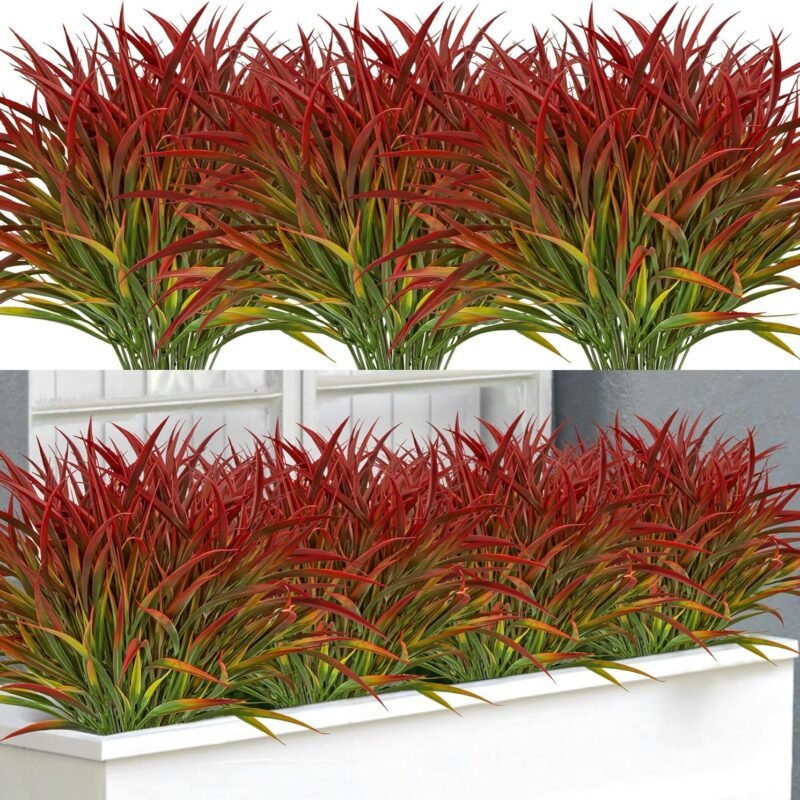 16 Bundles Artificial Plants Outdoor Fake Grass Greenery Stems UV Resistant Faux Plastic Plants Shrubs for Spring Summer Home Garden Pathway Window Box Front Porch Decor, Red