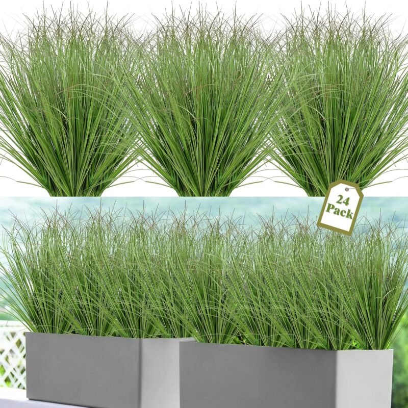 24 Bundles Artificial Plants Onion Grass Outdoor 20 Inch Tall Fake Shrubs Wheat Grass UV Resistant Greenery Stems Faux Bushes Plant for Indoor Outdoor Garden Office Home Decor, Green