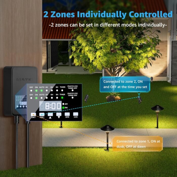SUNVIE 300W Low Voltage Landscape Transformer with 2 Independent Control Output Landscape Lighting Transformer with Timer and Photocell Sensor 120V AC to 12/14V AC Weatherproof Low Voltage Transformer - Image 3