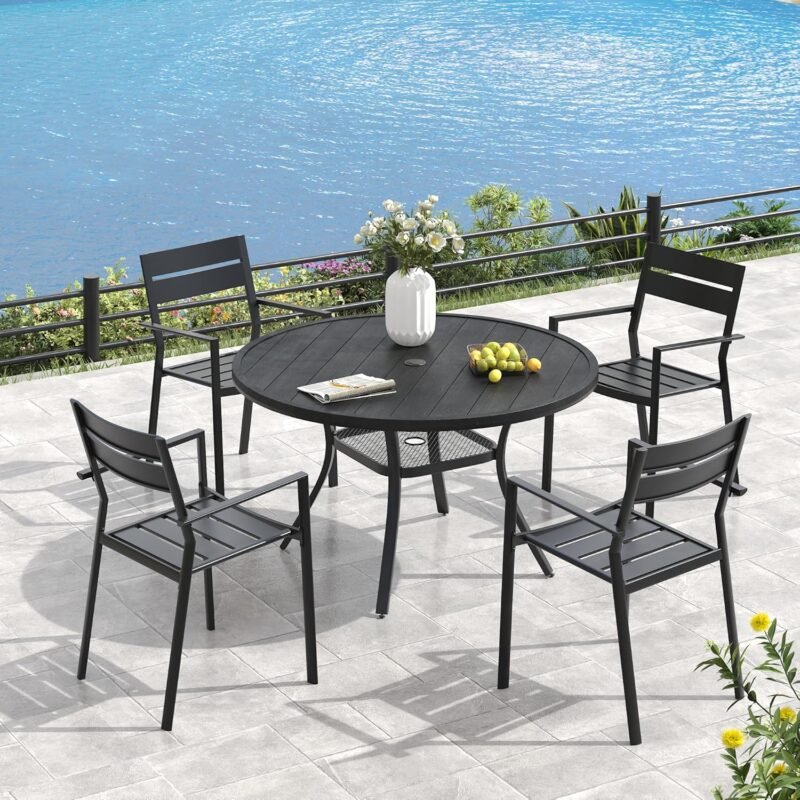 VICLLAX 5 Pieces Outdoor Dining Set, Patio Furniture Set of 4 Patio Stackable Dining Chairs and Outdoor Plastic Round Table with Storage Shelf for Lawn Garden Yard, Black Chairs and Black Table