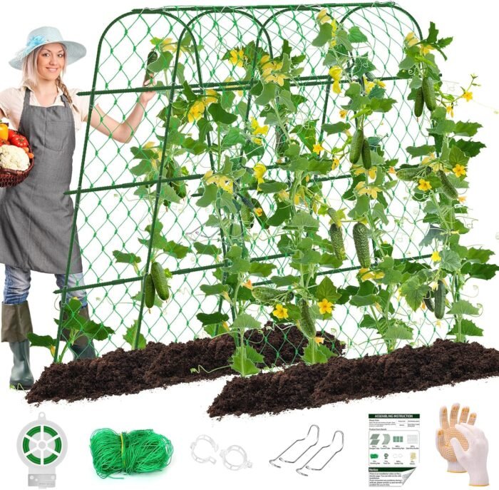 65"×65" Upgrade Heightened Cucumber Trellis for Raised Bed,U-Shape Garden Trellis for Climbing Plants Outdoor,Adjustable Metal Arch Vegetables Trellis with Climbing Net for Tomato,Bean,Grape,Zucchini