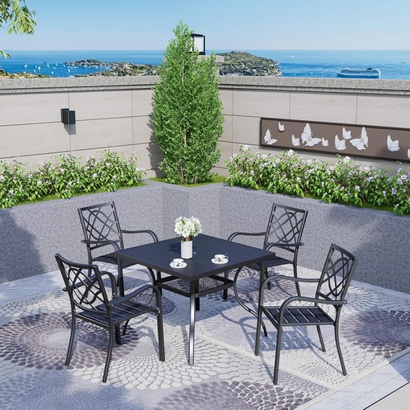 Crownland 5 Piece Outdoor Dining Set, Patio Metal Dining Sets, 4 Stackable Metal Chairs and Square Outdoor Dining Table with 1.57" Umbrella Hole, for Backyard, Lawn, Garden (Classic Black)