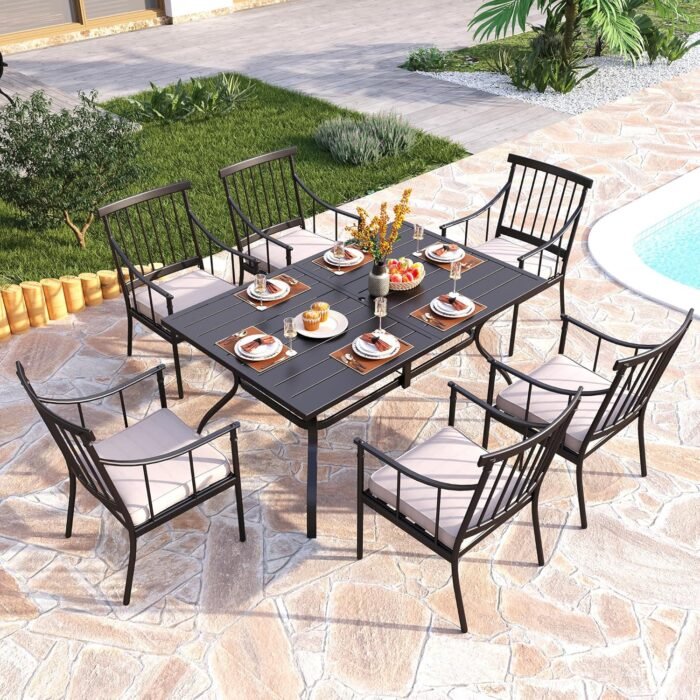 PHI VILLA Outdoor Metal Steel Dining Chairs with Cushion, Black Heavy-Duty Weatherproof Armchairs for Patio, Deck, Yard - Set of 6 - Image 2