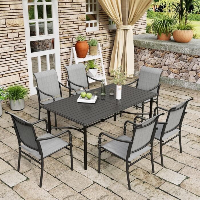 7 Pieces Patio Dining Set, Patio Dining Set for 6, 67" Rectangular Outdoor Dining Table, 6 X Textilene Chairs, for Garden Lawn Porch Backyard Poolside，Grey - Image 9