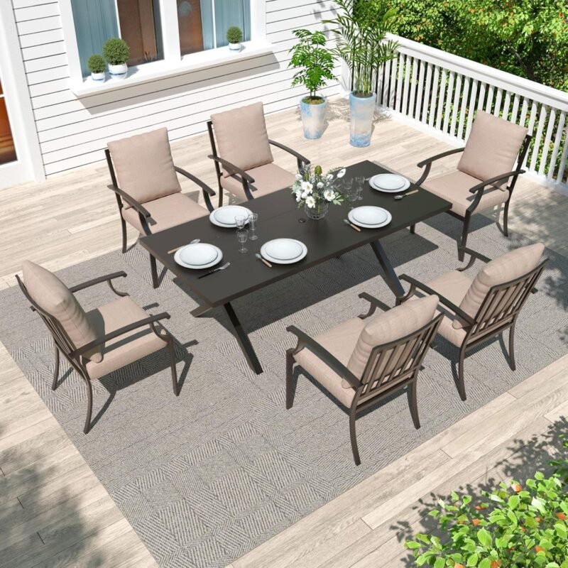 Gotland 7 Piece Outdoor Dining Table and Chairs, Rectangular Patio Dining Table with Umbrella Hole, Metal Modern Outdoor Patio Set, Lawn Garden Outdoor Table and Chairs, Sand