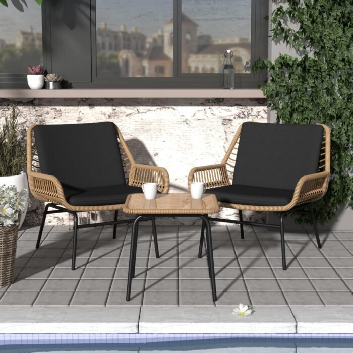 3 Piece Outdoor Patio Furniture Set, Rattan Conversation Sets, All-Weather Wicker Chairs with Cushions and Coffee Table, for Garden Balcony Courtyard Poolside - Image 7