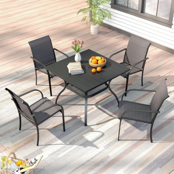 DIFY 5 Pieces Outdoor Dining Table Chair Set, Patio Dining Set with 1 Black Square Curved Legs Table with and Umbrella Hole & 4 Grey Stackable with Armrests Chairs for Lawn, Garden, Porch - Image 7