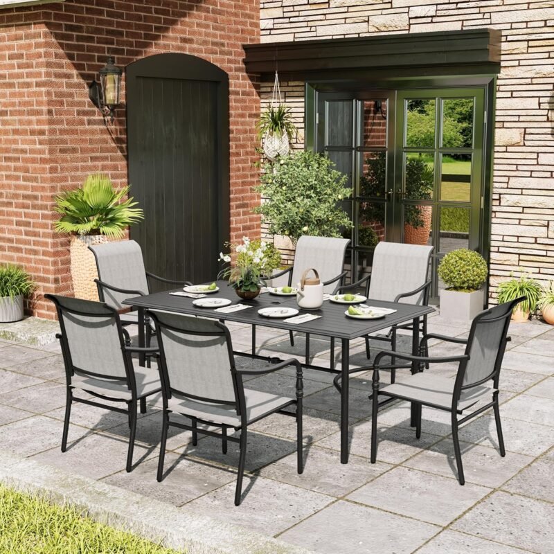 7 Pieces Patio Dining Set, Patio Dining Set for 6, 67" Rectangular Outdoor Dining Table, 6 X Textilene Chairs, for Garden Lawn Porch Backyard Poolside,Grey