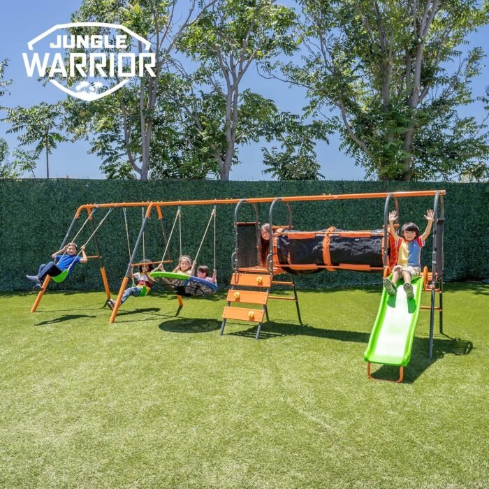 Jungle Warrior Anaconda Metal Swing Set with 45" Saucer Swing, 2 Sling Swings, Rock Climbing Wall and 5ft Slide with Slide - Image 13