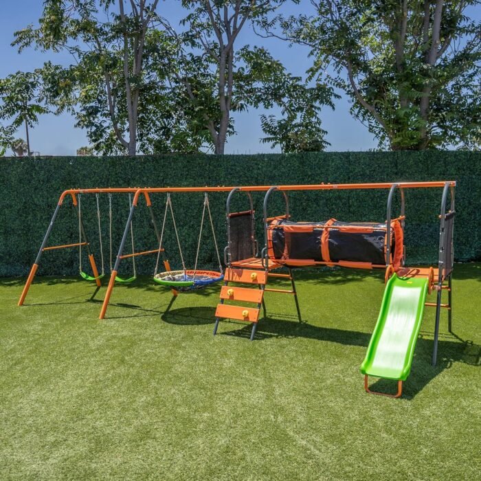 Jungle Warrior Anaconda Metal Swing Set with 45" Saucer Swing, 2 Sling Swings, Rock Climbing Wall and 5ft Slide with Slide - Image 2