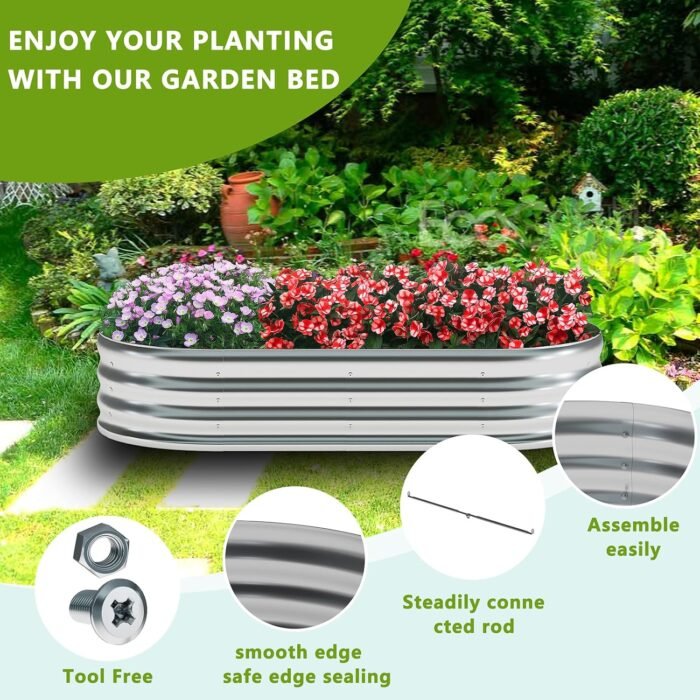 zizin Galvanized Raised Garden Bed Metal Oval Raised Garden Beds Outdoor Planter Box for Vegetables (12x2x1FT, Silver) - Image 2