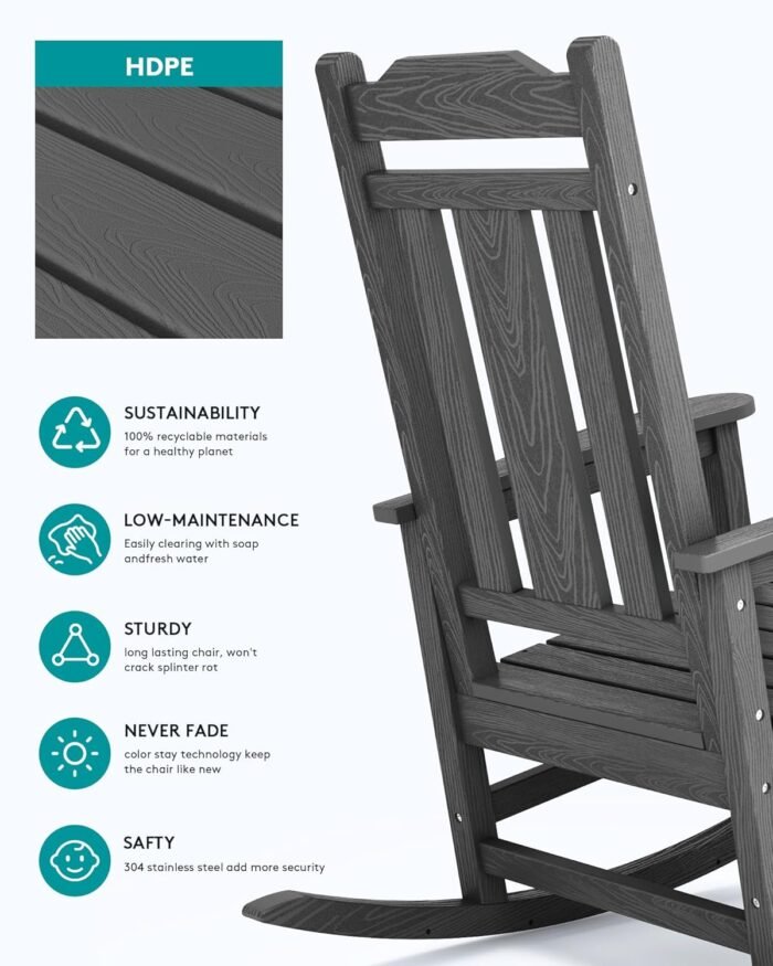 SERWALL Gray Outdoor Rocking Chair Set of 4, All Weather Patio Rocking Chair, HDPE Poly Rocking Chair for Adults, Heavy Duty Front Porch Rocker - Image 5