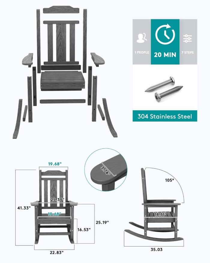 SERWALL Gray Outdoor Rocking Chair Set of 4, All Weather Patio Rocking Chair, HDPE Poly Rocking Chair for Adults, Heavy Duty Front Porch Rocker - Image 6