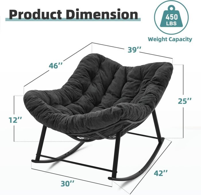 Oversized Rocking Chair Indoor, Papasan Rocking Chair Outdoor, Lounge Chair with Cushion, Patio Egg Rocker Chairs, Comfy Reading Chairs for Bedroom, Living Room, Garden, Lawn, Dark Grey - Image 2