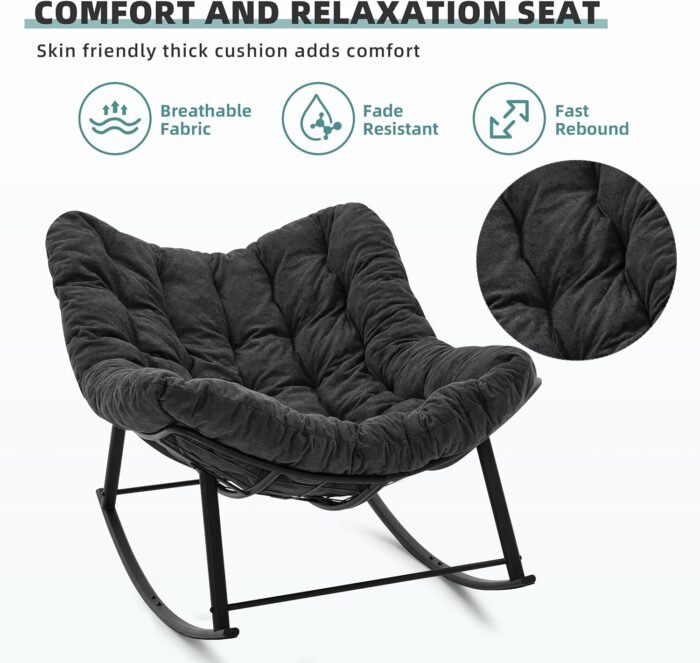 Oversized Rocking Chair Indoor, Papasan Rocking Chair Outdoor, Lounge Chair with Cushion, Patio Egg Rocker Chairs, Comfy Reading Chairs for Bedroom, Living Room, Garden, Lawn, Dark Grey - Image 5