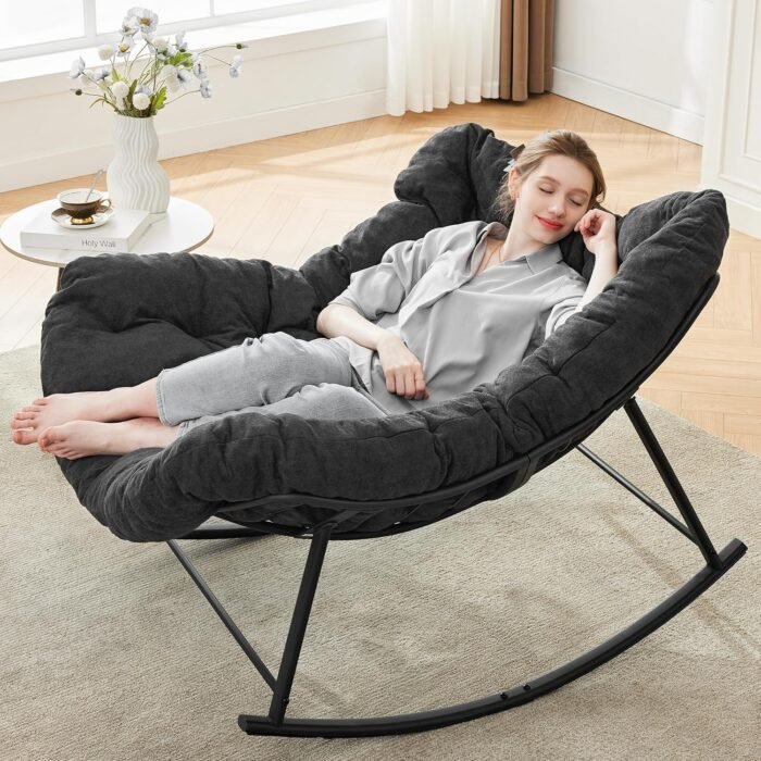 Oversized Rocking Chair Indoor, Papasan Rocking Chair Outdoor, Lounge Chair with Cushion, Patio Egg Rocker Chairs, Comfy Reading Chairs for Bedroom, Living Room, Garden, Lawn, Dark Grey - Image 7