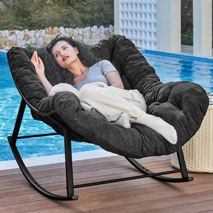 Oversized Rocking Chair Indoor, Papasan Rocking Chair Outdoor, Lounge Chair with Cushion, Patio Egg Rocker Chairs, Comfy Reading Chairs for Bedroom, Living Room, Garden, Lawn, Dark Grey - Image 8