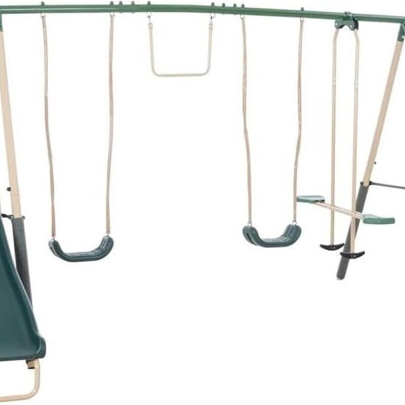 XDP Recreation Central Park Swing Set, 6 Child Capacity, Backyard Playset with Slide, Trapeze, Fun-Glider, and 2 Traditional Swing Seats, Green