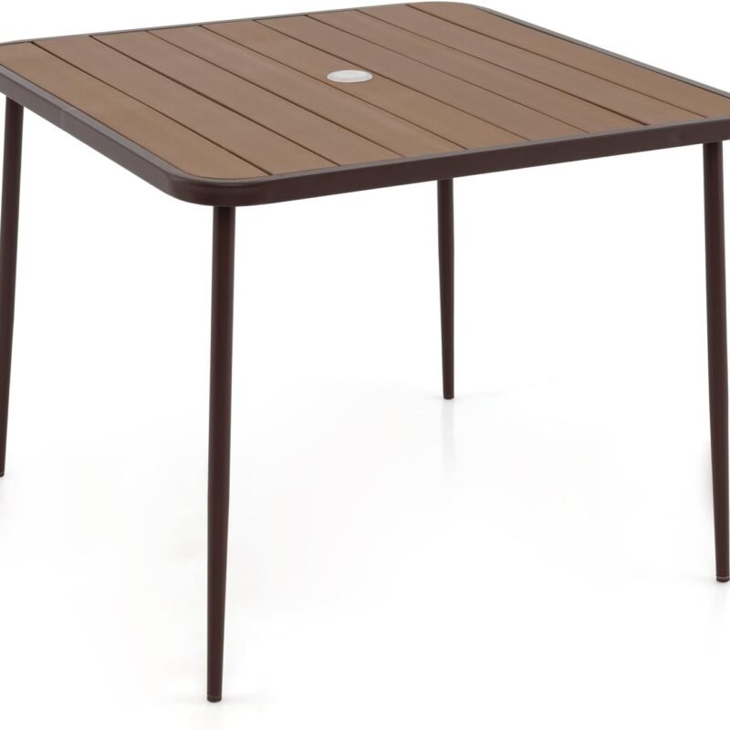 Tangkula Patio Square Dining Table, 35” x 35” Large Outdoor Table w/Wood-Plastic Tabletop & Metal Legs, 2” Umbrella Hole Included, Outside Leisure Table for Backyard, Garden, Poolside
