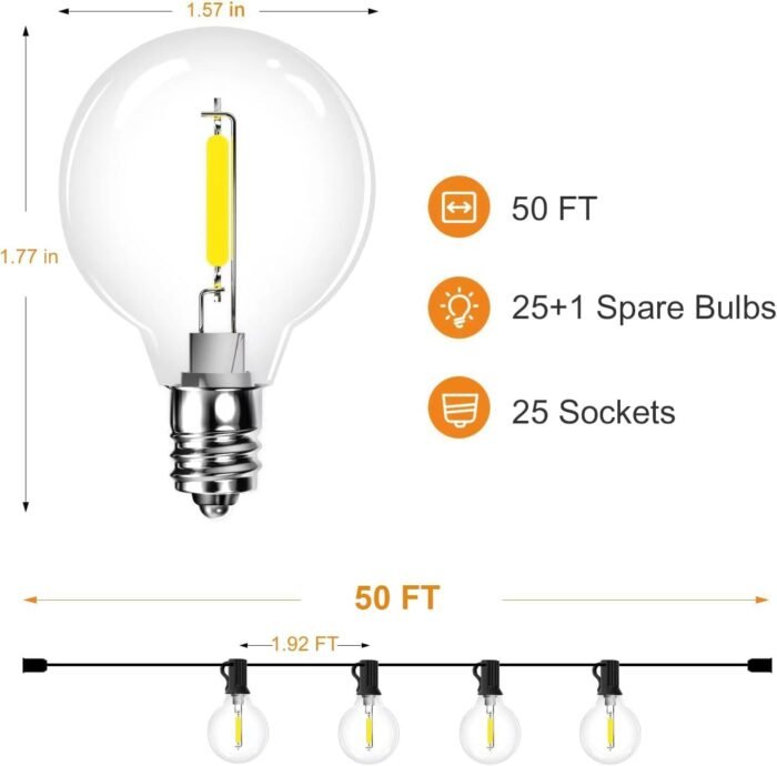 Outdoor String Lights 50ft, G40 Led Patio Globe Lights with 26pcs Plastic Bulbs, Shatterproof Waterproof Connectable Hanging for Porch Cafe Bistro Backyard Gazebo Balcony Deck Party - Image 3