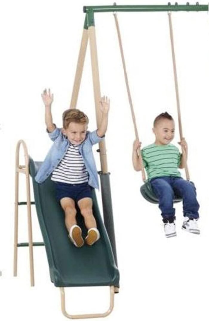 XDP Recreation Central Park Swing Set, 6 Child Capacity, Backyard Playset with Slide, Trapeze, Fun-Glider, and 2 Traditional Swing Seats, Green - Image 9