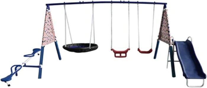 XDP Recreation Freedom Fun Metal A-Frame Kids Outdoor Swing Set 7 Child Capacity Backyard Playground Toy Set with Slide, 3 Swing Types, and See-Saw