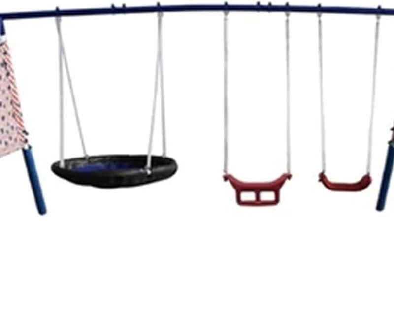 XDP Recreation Freedom Fun Metal A-Frame Kids Outdoor Swing Set 7 Child Capacity Backyard Playground Toy Set with Slide, 3 Swing Types, and See-Saw