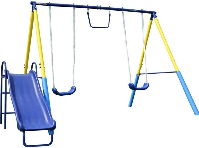 Sportspower My First Metal Swing Set with Slide, 4 Kids Max, Blue, Yellow