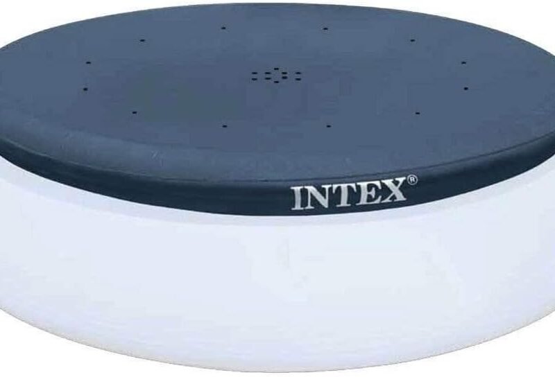 Intex 28021E Pool Cover: For 10ft Round Easy Set Pools – Includes Rope Tie – Drain Holes – 12in Overhang – Snug Fit