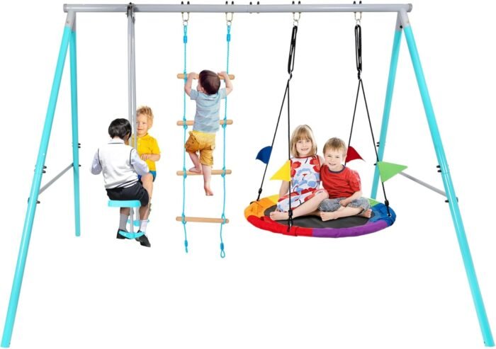 Swing Sets for Backyard, 3 in 1 Swing Sets, Heavy-Duty Metal Swing Stand with Saucer Swing, Climbing Ladder and Glider, Boy Girl Gift 3 to 8 Years