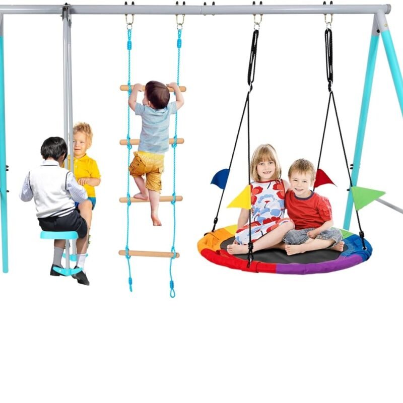 Swing Sets for Backyard, 3 in 1 Swing Sets, Heavy-Duty Metal Swing Stand with Saucer Swing, Climbing Ladder and Glider, Boy Girl Gift 3 to 8 Years
