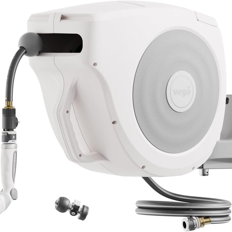 Vego Garden Hose Reel Retractable 1/2" x 100ft Wall Mounted Hose Reel Automatic Rewind, Any Length Lock with 9 Patterns Sprayer Nozzle, Quick Connector and Adjustable shot Nozzle (Cloud White)