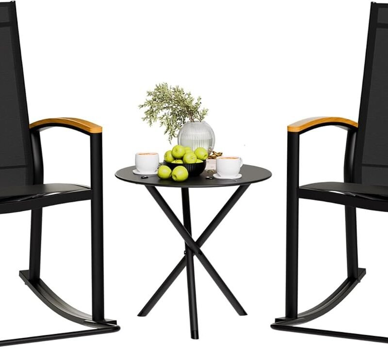 Shintenchi 3 Piece Outdoor Rocking Bistro Set, Textilene Fabric Small Patio Furniture Set, Front Porch Rocker Chairs Conversation Set with Table for Lawn, Garden, Balcony, Poolside (Black)