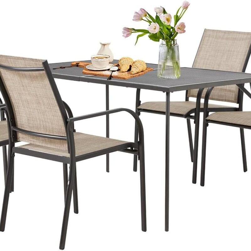 AECOJOY 5 Piece Patio Table and Chair Set for 4, Outdoor Dining Set Includes 51.2" Rectangle Table with 1.73" Umbrella Hole, 4 Stackable Textilene Chairs, for Garden, Backyard and Poolside, Dark Gray