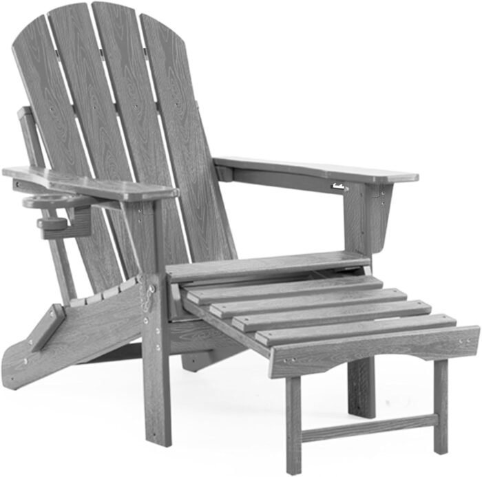 Adjustable Adirondack Rocking Chair with Retractable Ottoman, 4-in-1 Multifunctional Folding Patio Chair with Cup Holder, Outdoor Chair Wood Texture for Lawn, Porch, Backyard, Pool(Grey) - Image 8