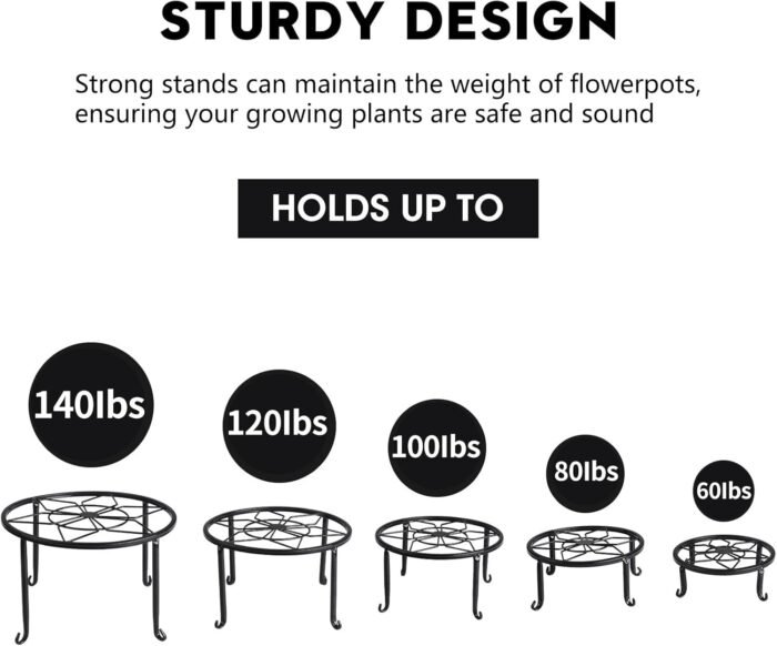 5 Pack Metal Plant Stands,Heavy Duty Potted Holder for Flower Pot,Indoor Outdoor Metal Rustproof Iron Garden Container Round Supports Rack for Planter… - Image 4