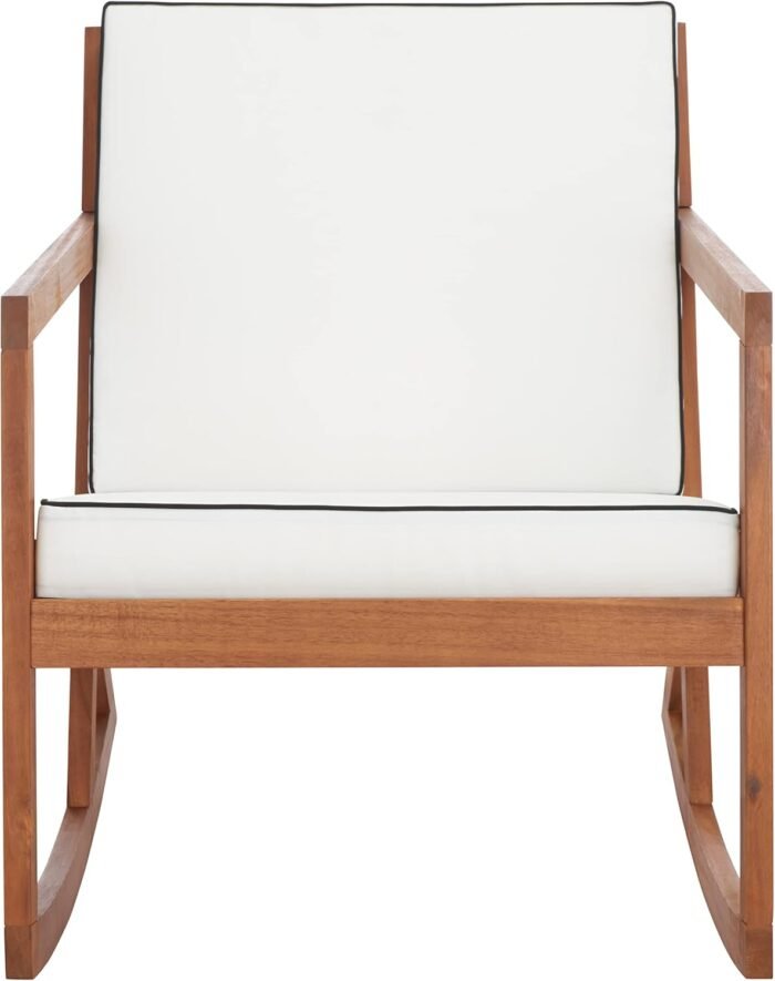 SAFAVIEH Outdoor Collection Vernon Natural/Beige Cushion with Black Piping Rocking Chair - Image 3