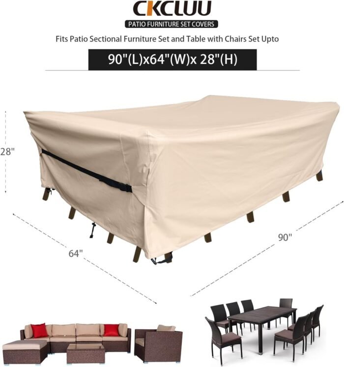 Patio Furniture Set Covers Waterproof Patio Conversation Sets Cover Heavy Duty 600D Outdoor Sectional Sofa Couch Cover Outside Dining Set Table and Chairs Covers 90" L x 64" W x 28" H Beige - Image 7