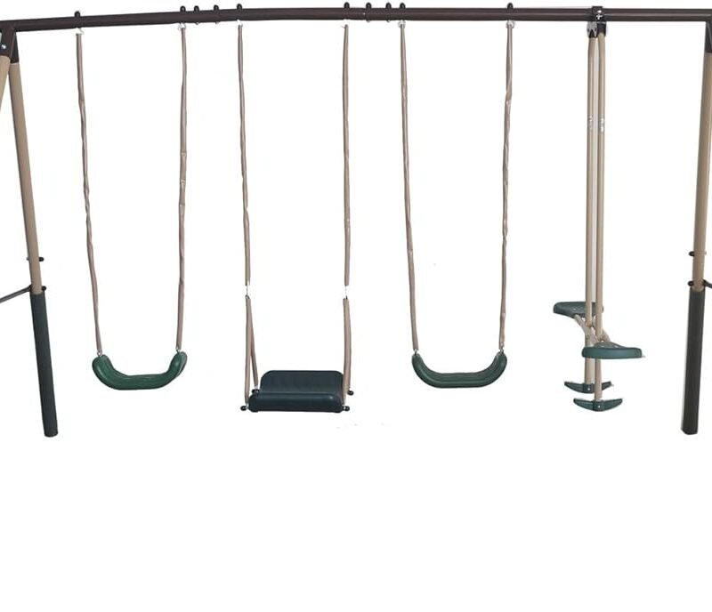 XDP Recreation Crestview Outdoor Play Kids Metal Backyard Playset Swing Set with 2 Swings, Slide, Stand N Swing, Fun Glider, and See Saw, Green/Tan
