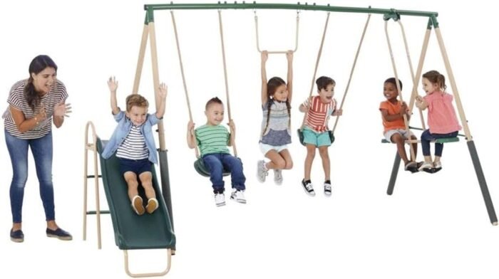 XDP Recreation Central Park Swing Set, 6 Child Capacity, Backyard Playset with Slide, Trapeze, Fun-Glider, and 2 Traditional Swing Seats, Green - Image 6