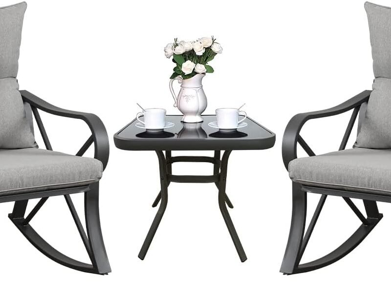 COSIEST 3 Piece Bistro Set Patio Rocking Chairs Outdoor Furniture w Warm Gray Cushions, Glass-Top Table for Garden, Pool, Backyard