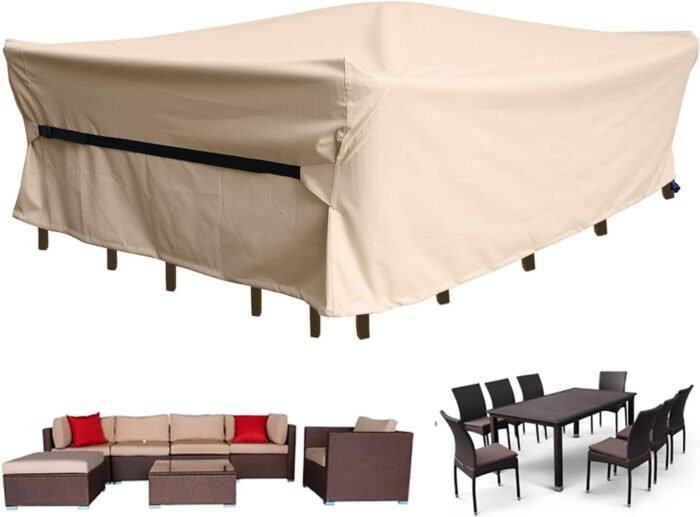 Patio Furniture Set Covers Waterproof Patio Conversation Sets Cover Heavy Duty 600D Outdoor Sectional Sofa Couch Cover Outside Dining Set Table and Chairs Covers 90" L x 64" W x 28" H Beige