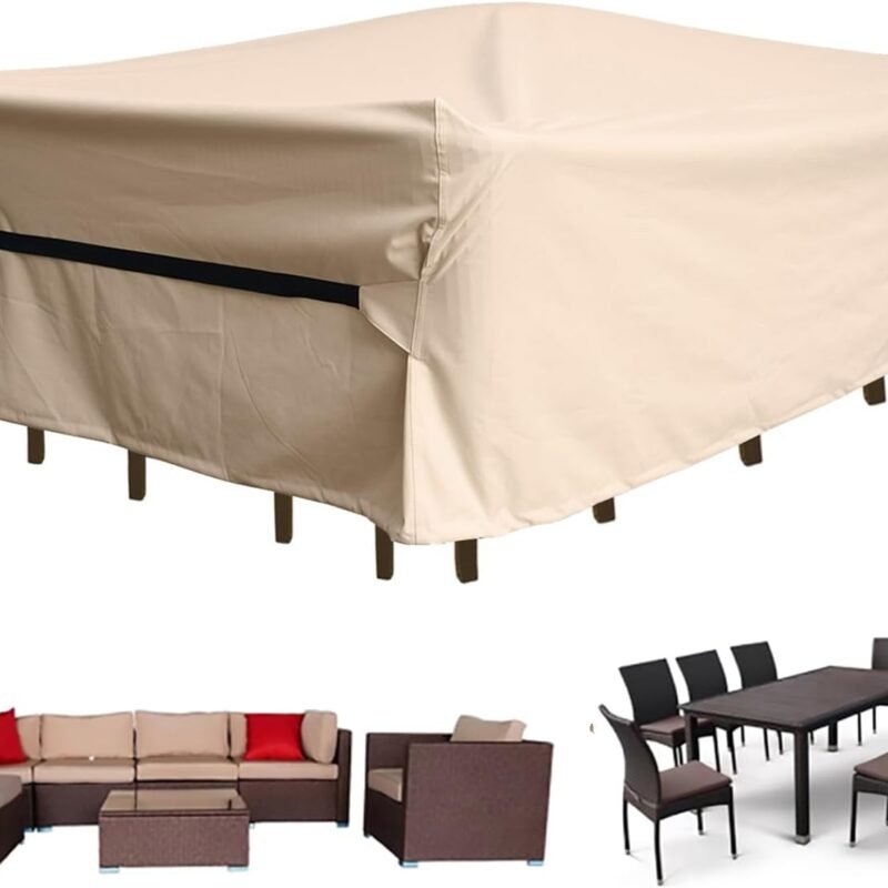 Patio Furniture Set Covers Waterproof Patio Conversation Sets Cover Heavy Duty 600D Outdoor Sectional Sofa Couch Cover Outside Dining Set Table and Chairs Covers 90" L x 64" W x 28" H Beige