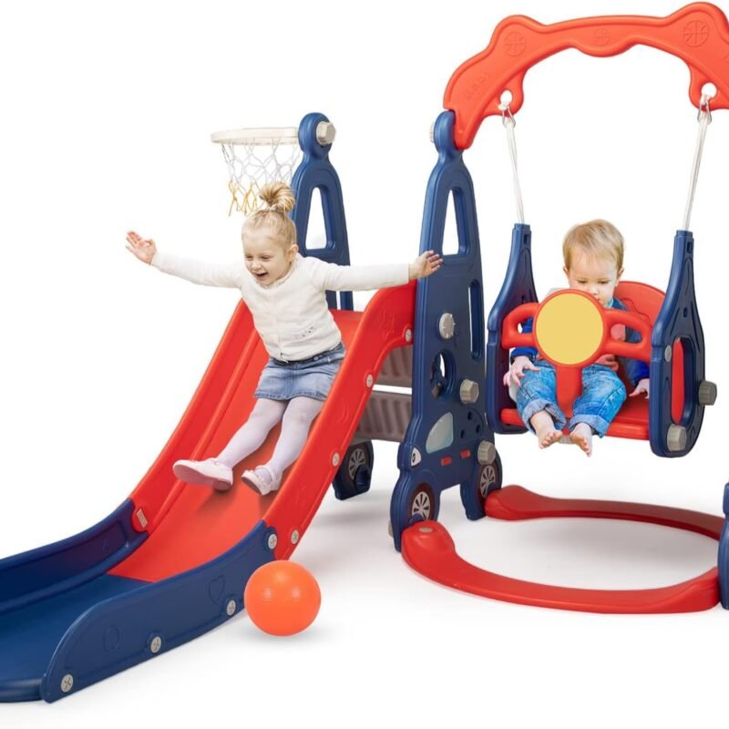 4 in 1 Slide Climber Swing Set, Freestanding Toddler Slide Climber Playset with Basketball Hoop, Toddler Playground Indoor Outdoor, Easy Setup (Red)