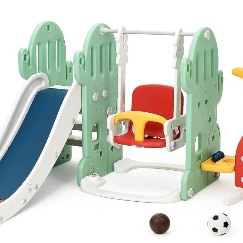 7 in 1 Toddler Slide and Swing Set, Kids Freestanding Slide Climber with Adjustable Swing and Basketball Hoop, Soccer Golf and Ring Toss Game, Indoor Outdoor Playset for Toddlers Age 1-3