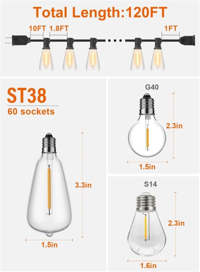 GPATIO 120FT Outdoor String Lights, Waterproof Patio Lights with 64 Hanging Lights ST38 Bulbs, 2700k Shatterproof for Backyard Gazebo Porch Garden Outside Decor - Image 2
