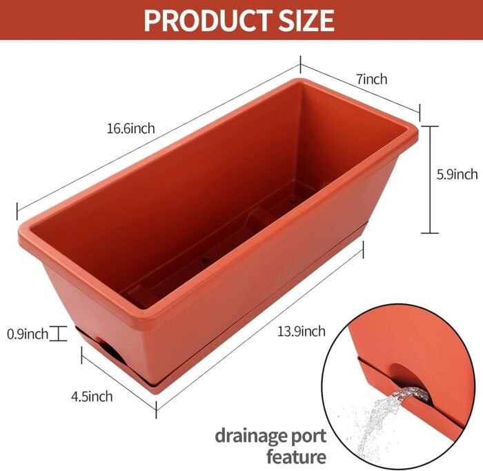 Window Box Planter, 7 Pack Plastic Vegetable Flower Planters Boxes 17 Inches Rectangular Flower Pots with Saucers for Indoor Outdoor Garden, Patio, Home Decor (Red) - Image 3