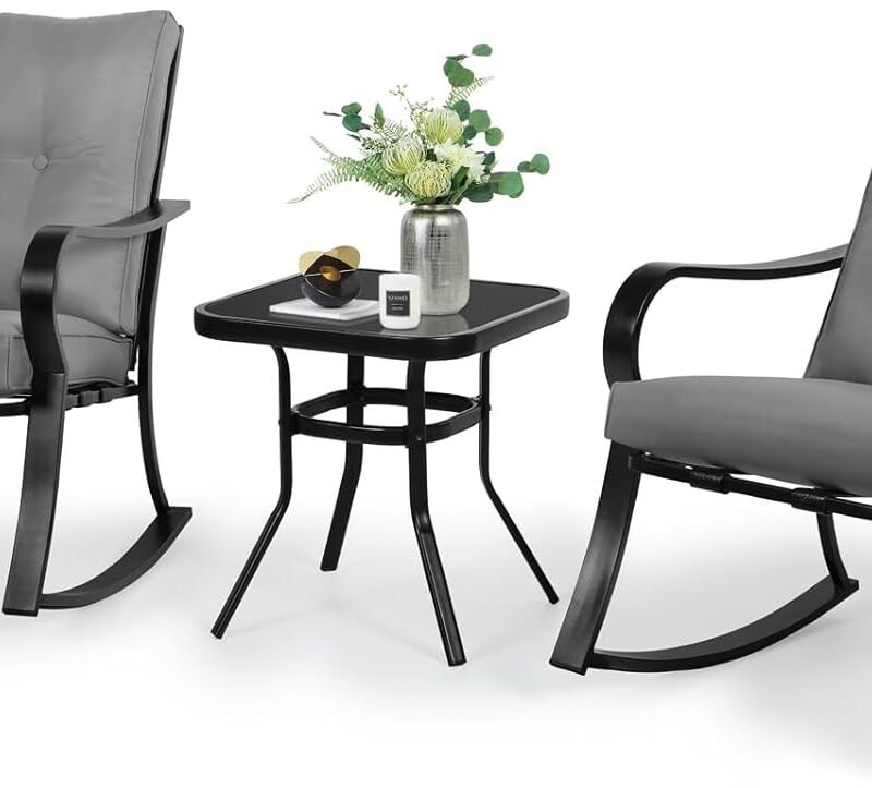 SOLAURA 3-Piece Outdoor Rocking Chairs Bistro Set, Black Iron Patio Furniture with Gray Thickened Cushion & Glass-Top Coffee Table